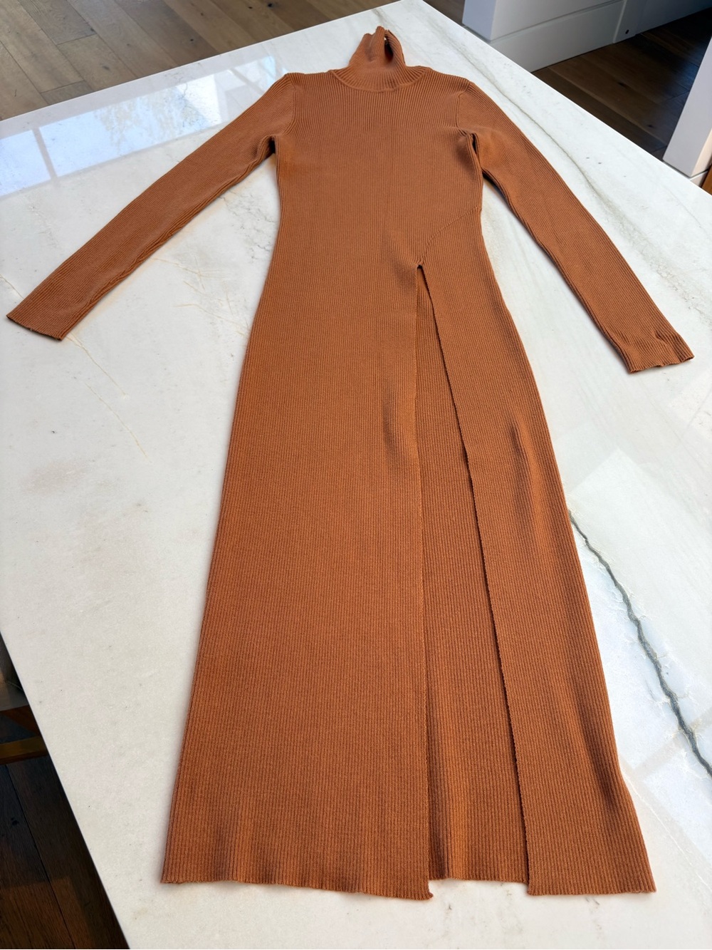 Long Sleeve Turtleneck Knit Maxi SHIRT in Rust